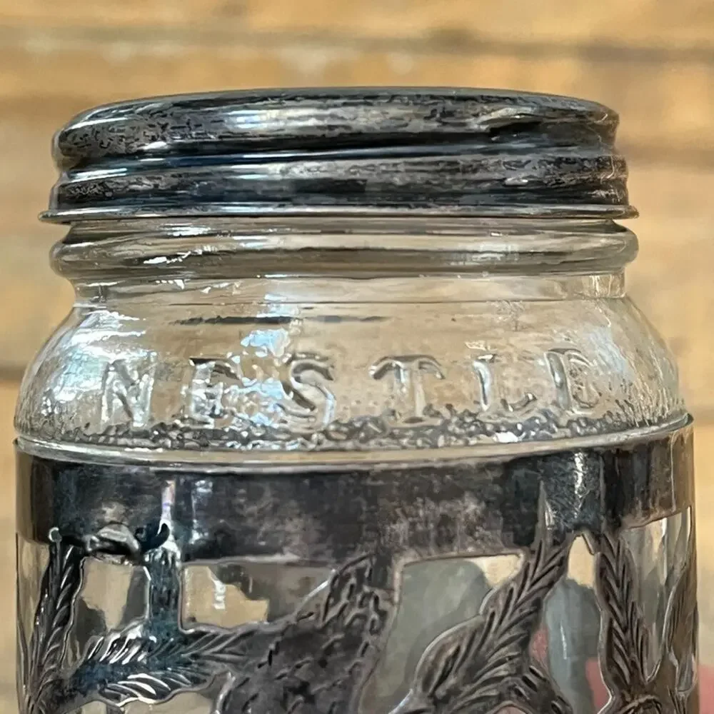 Vintage Nestle 925 Sterling Silver Glass Jar Floral Overlay 4.75